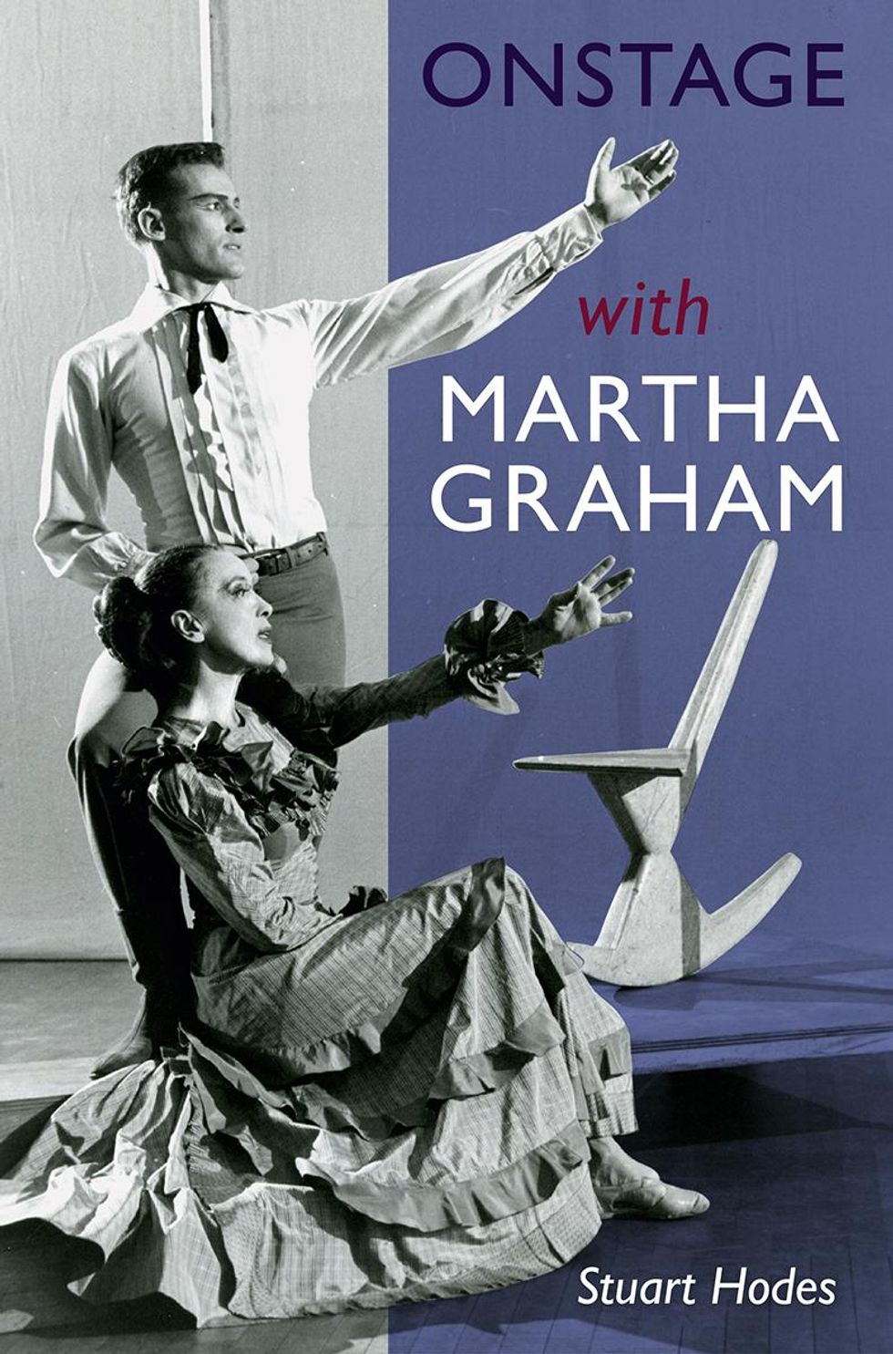 Book cover: Text says "Onstage With Martha Graham" and the author Stuart Hodes above a black and white image of Stuart standing behind Martha