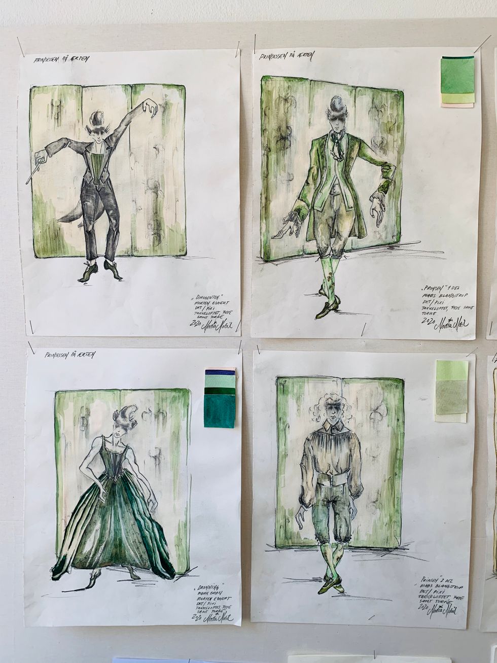 A series of four costume sketches in shades of green in a style reminiscent of Victorian fashion.