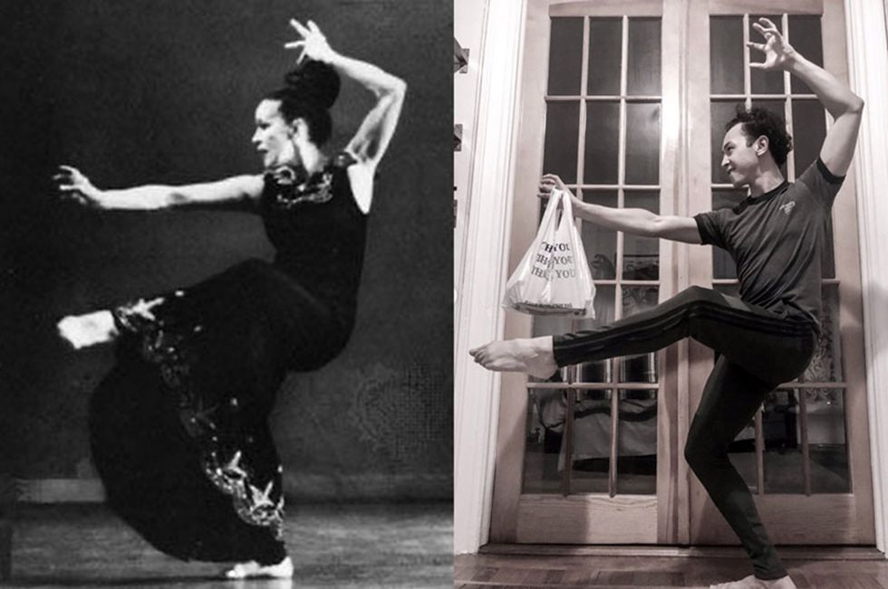 A black and white image of Martha Graham in a front attitude, copied by a dancer with a grocery bag