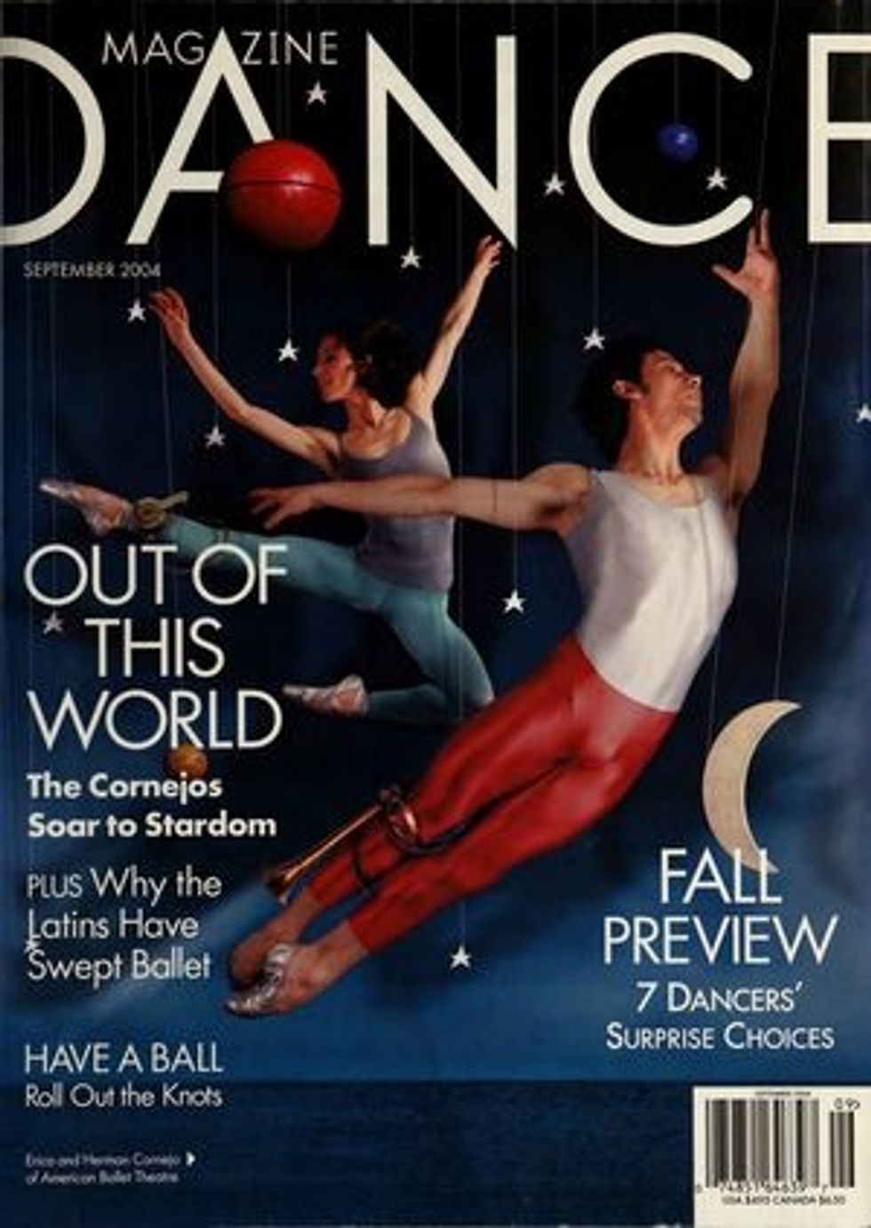 A Dance Magazine cover featuring the Cornejos leaping among illustrated planets and stars