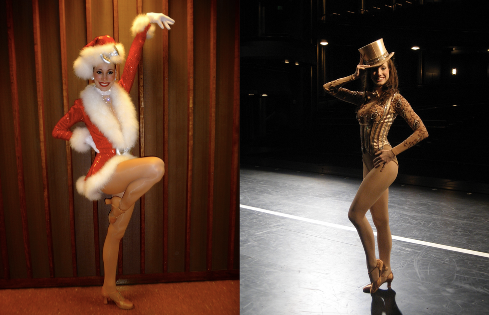 At left, Heather Ann Bottom poses in a red Santa Rockettes costumes. At right, she poses in a gold top hat and leotard.