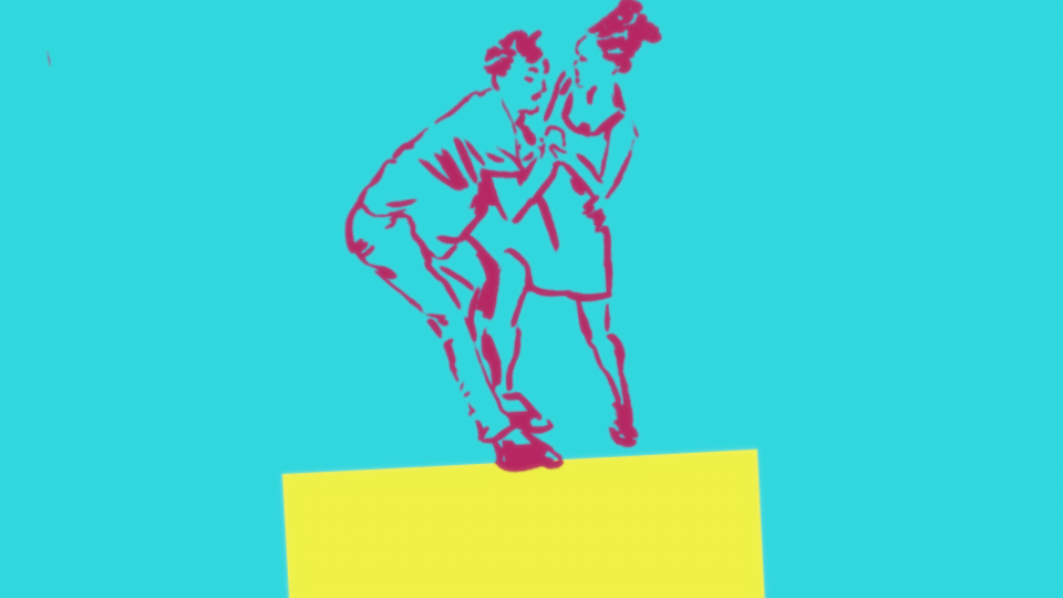 On a blue background, two figures etched in pink tumble together off a yellow block and into a prone embrace.