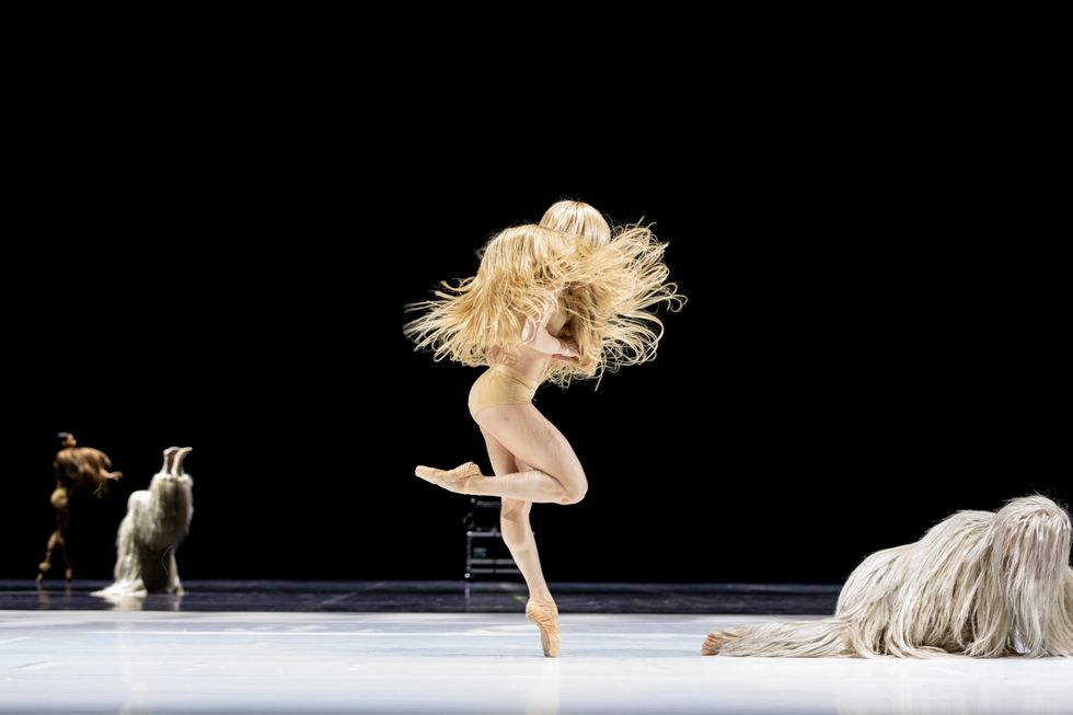 In Alexander Ekman's LIB, a dancer wearing what looks like a shaggy wig of blonde hair that covers their entire torso balances en pointe. A similarly hair-covered figure is curled up on the ground by their feet.