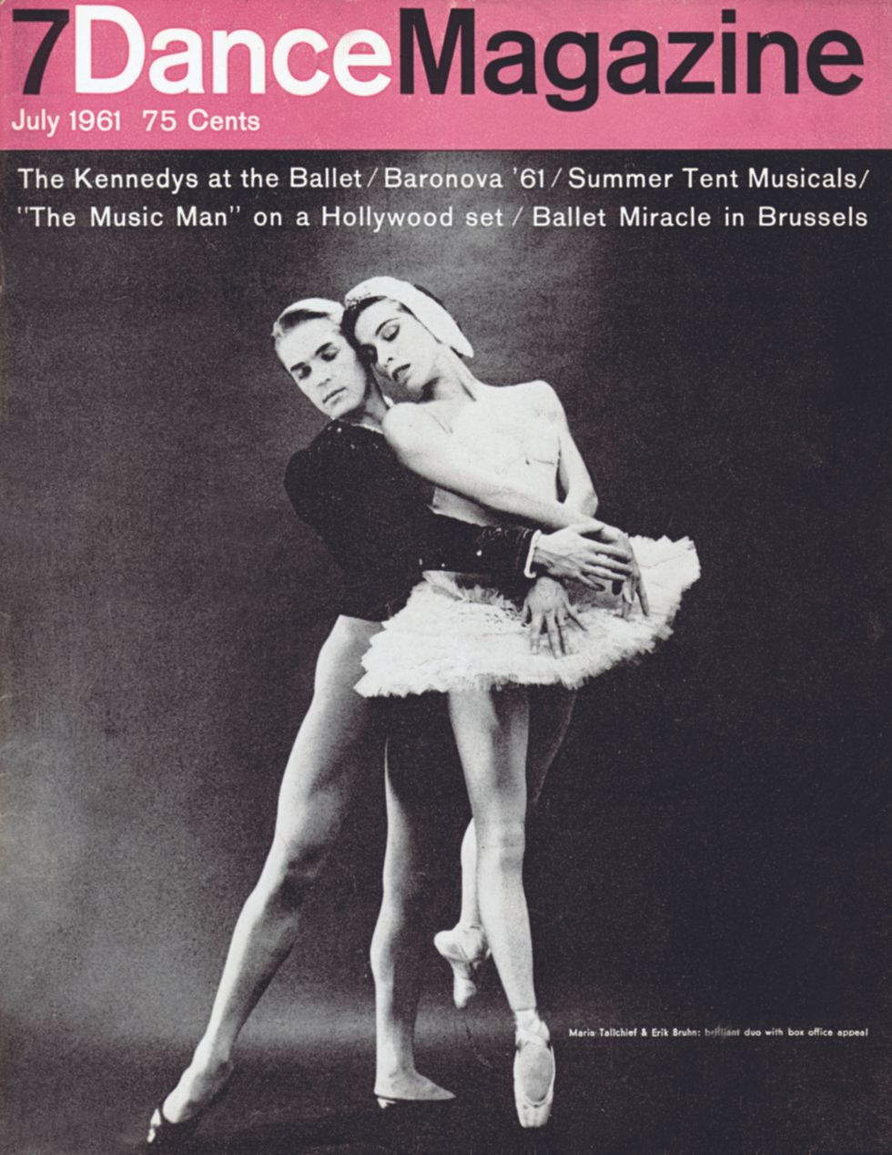 On the cover of Dance Magazine, Maria Tallchief and Erik Bruhn pose together in costume as Odette and Siegfried. The banner reads "Dance Magazine, July 1961, 75 cents."