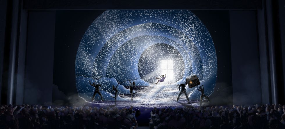 A digital rendering shows an audience watching a snowy vortex onstage, where a small girl and a house appear to fly through the air as five silhouetted dancers perform.
