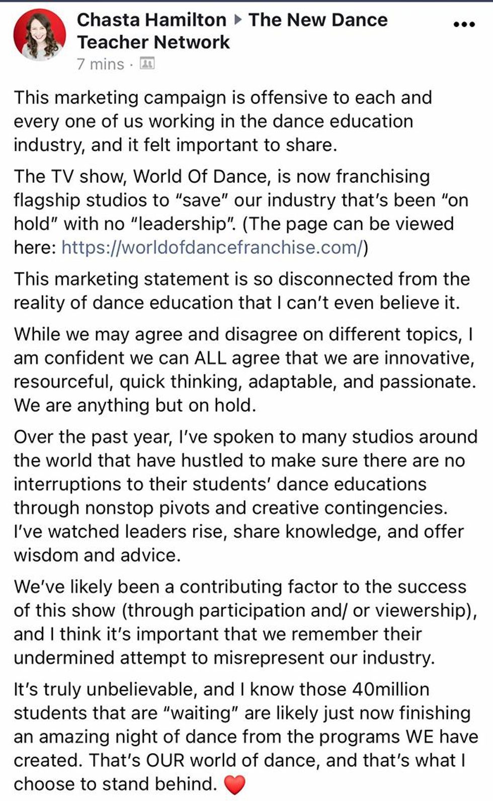 u200bChasta Hamilton's post in the New Dance Teacher Network Facebook group, explaining why she found the marketing campaign offensive
