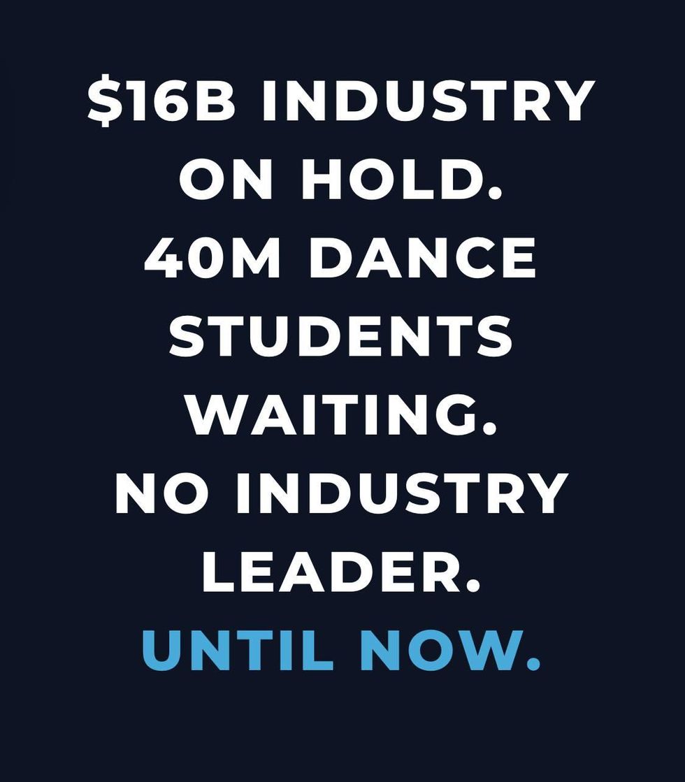 White text on a dark blue background reads "$16B industry on hold. 40M dance students waiting. No industry leader. Until now."