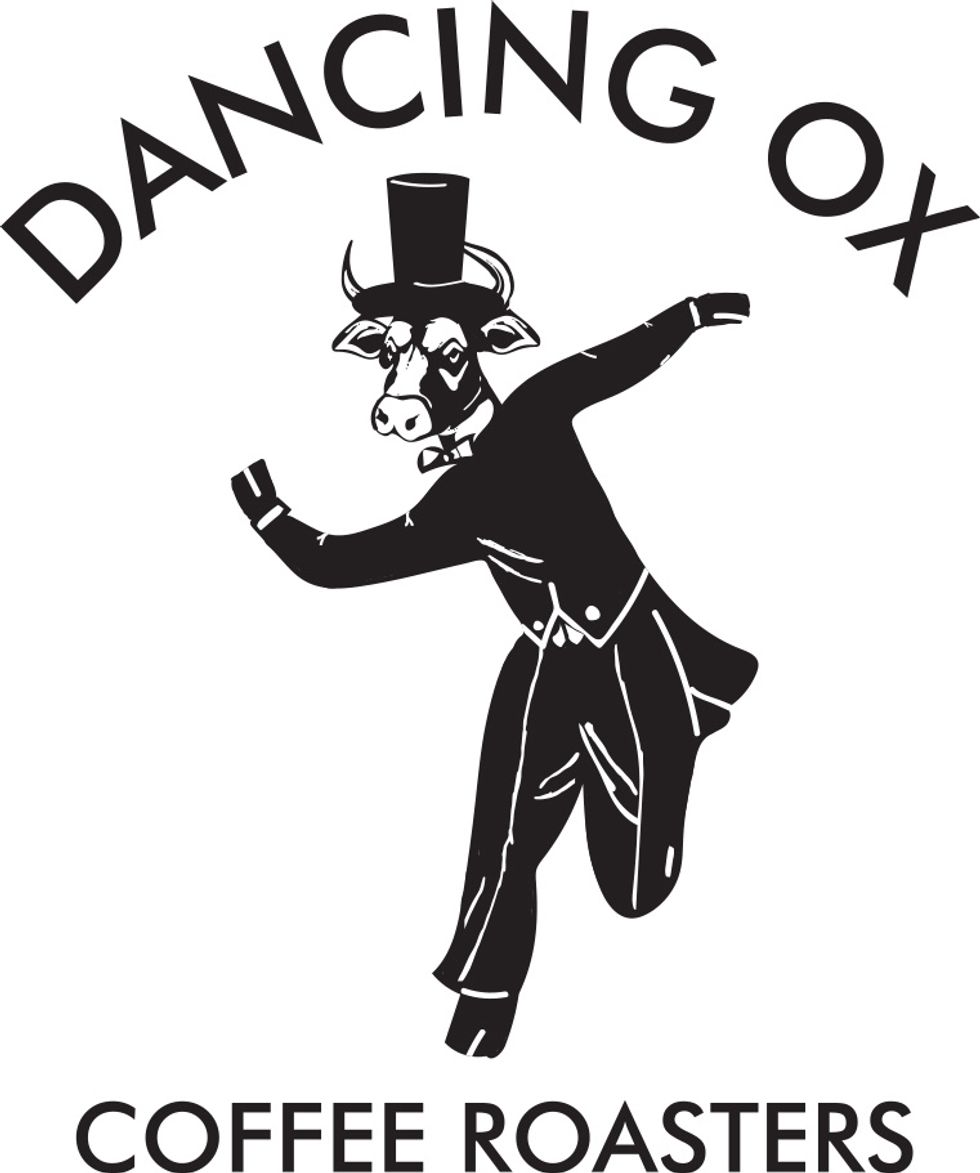 The Dancing Ox logo, an ox in a tuxedo and top hat, dancing, with the words "Dancing Ox Coffee Roasters."