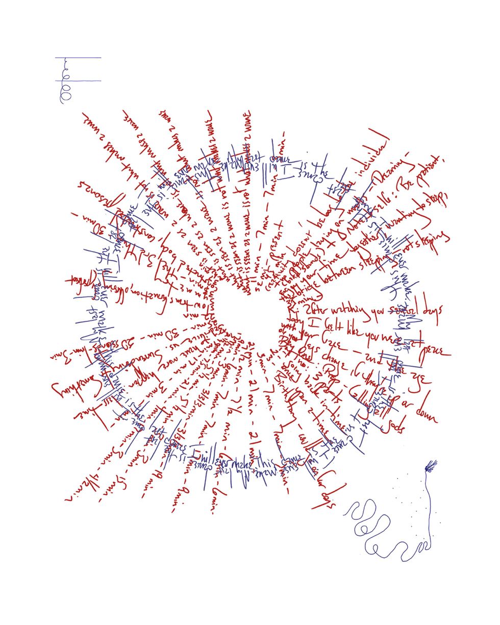 A circle of cursive words streaming out from the center in red, with a blue ring intersecting it near the edge