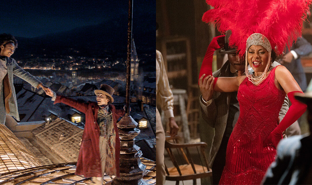On the left, a young Black girl floats into the air as she smiles at the gentleman holding her hand. They are atop a rooftop in London, in loosely late-Victorian costuming. At right, Taraji P. Henson is costumed in a sequined red dress, matching elbow length gloves, and a feathered headdress. She brings one hand to her hip as a man cups his hand around her raised arm, stepping into her personal space as she sings.