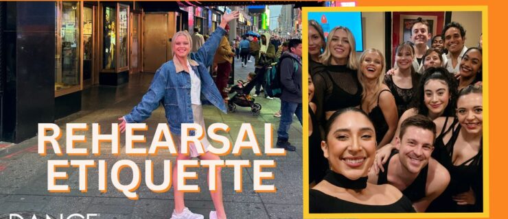 A collaged image. At left, Haley Hilton poses in front of a Broadway marquee. At right, Hilton and a large group of fellow performers, all in black costumes, smile into the camera. The text "Rehearsal Etiquette" is superimposed over the photos.