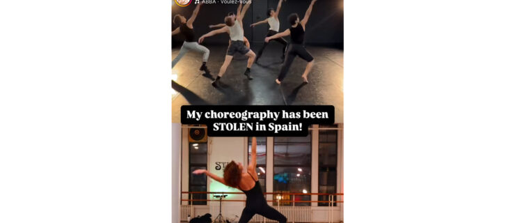 A screenshot of a vertical Intagram post, featuring two stacked images—the top of Marimon and several other dancers, the bottom of Ortiz. The text "My choreography has been STOLEN in Spain!" is superimposed at the center.