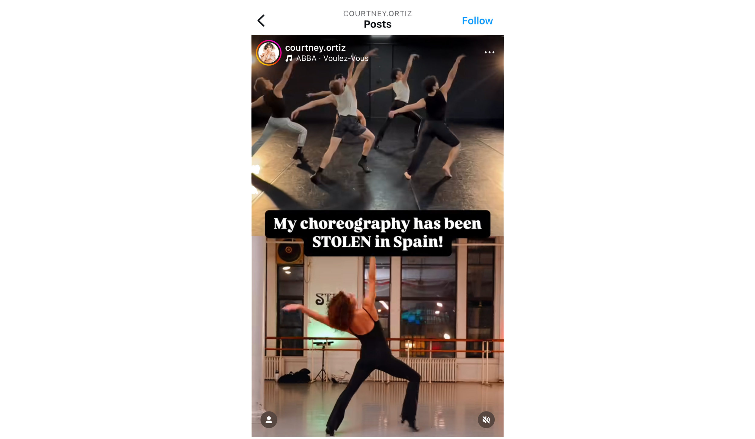 A screenshot of a vertical Intagram post, featuring two stacked images—the top of Marimon and several other dancers, the bottom of Ortiz. The text "My choreography has been STOLEN in Spain!" is superimposed at the center.