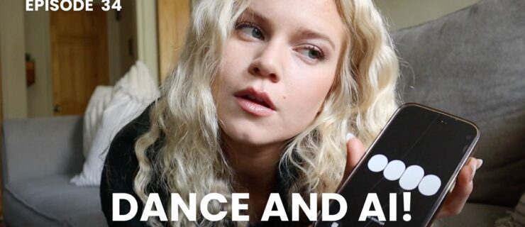 Hilton, her long blond hair loose, listens intently to her phone, which she's holding toward the camera. "Dance and AI!" is superimposed in white text.