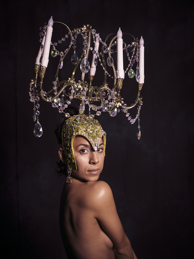 Rosie Herrera posed with a large chandelier on her head 