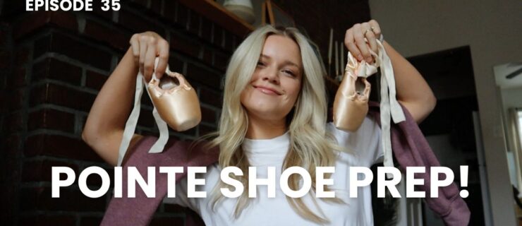 Haley Hilton, wearing a white t-shirt and her long blonde hair loose, holds up a pointe shoe in each hand. The text "Pointe Shoe Prep" is superimposed on the photo.