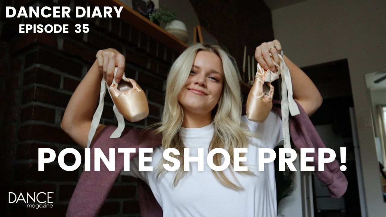 Haley Hilton, wearing a white t-shirt and her long blonde hair loose, holds up a pointe shoe in each hand. The text "Pointe Shoe Prep" is superimposed on the photo.