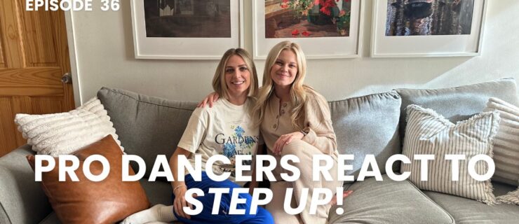 Libby Lloyd and Haley Hilton, both young blond-haired women wearing comfy loungewear, sit next to each other on a large gray sofa. "Pro Dancers React to 'Step Up'!" is superimposed in white text.