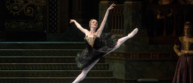 Gillian Murphy performs the Black Swan variation in Swan Lake. She is captured midair in cissone, back arm raised high by her head. She wears a black and gold classical tutu, pink tights, and pointe shoes.