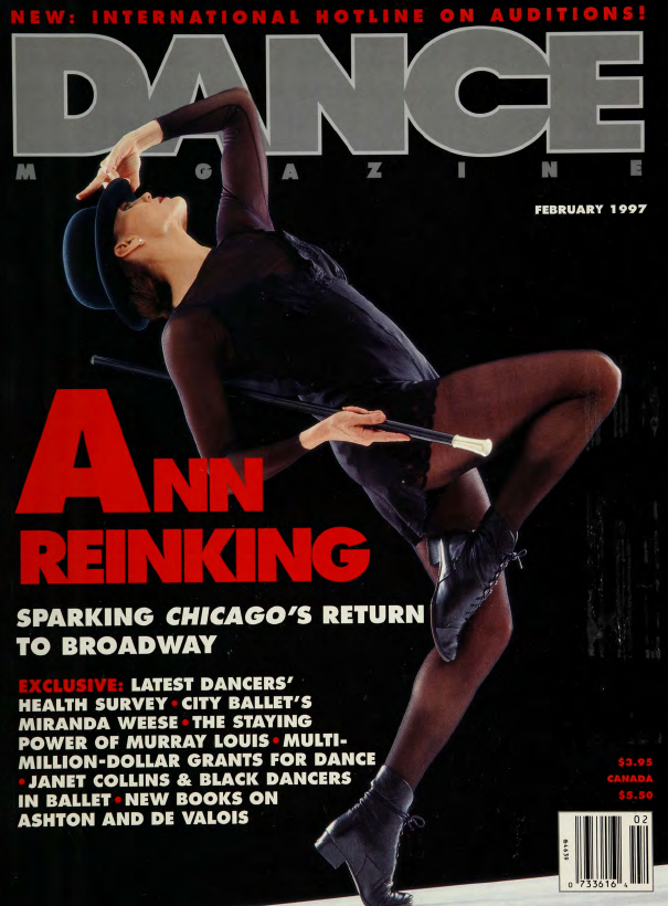 A Dance Magazine cover from 1997. A Fosse dancer poses in a parallel passe with a hat and a cane 