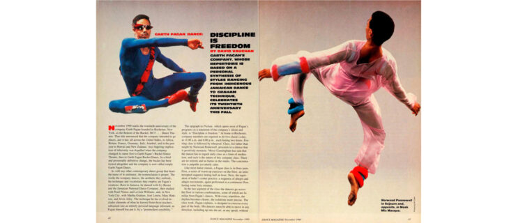 A spread from the November 1990 issue of Dance Magazine. The headline reads, "Garth Fagan Dance: Discipline is Freedom." On the left, above the article text, a dancer in a retrofuturistic blue costume with red accents and shoes, and angular sunglasses. He seems suspended in midair, legs folded up beneath him. On the right is a full page image of the same dancer, costumed in a semi-sheer pink jumpsuit, with his back to the camera as he performs a barrel roll, arms open to his sides.