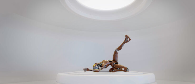 A robot dancing on a raised platform in a stark white room. the robot