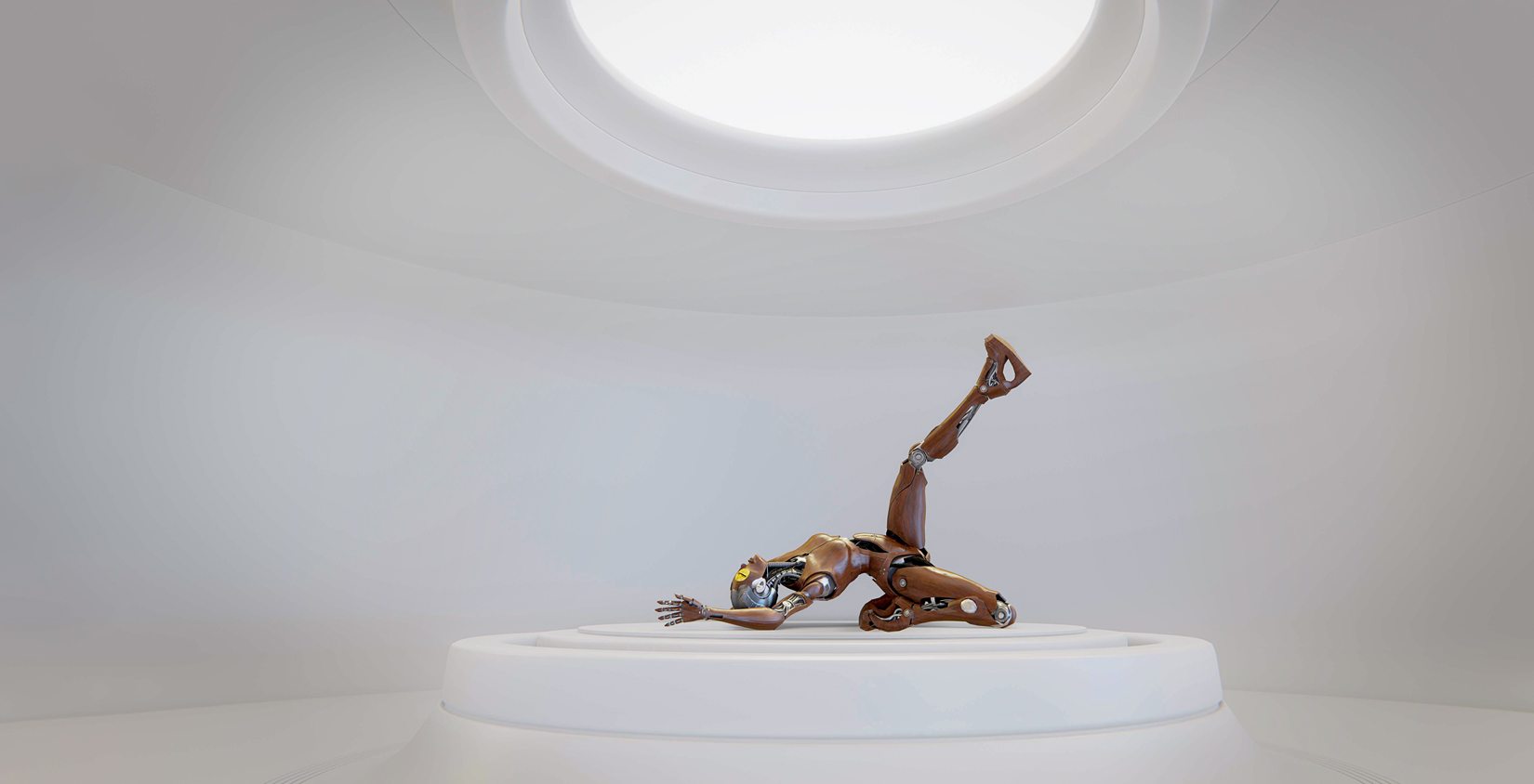 A robot dancing on a raised platform in a stark white room. the robot
