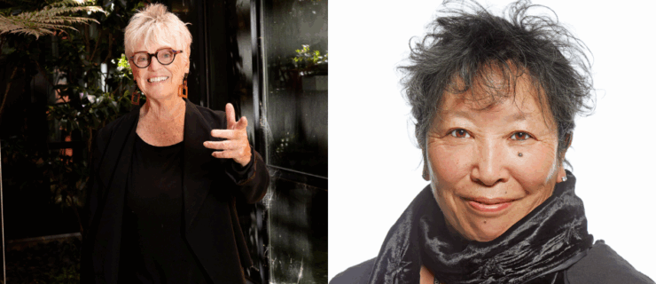 Two headshots, one of Brenda Way and the other of Kimi Okada. Brenda Way wears large glasses, earrings, and a black top. Kimi Okada wears a black scarf and shirt.