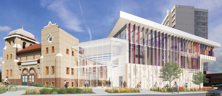 A rendering of the Cleo Parker Robinson Center for the Healing Arts shows a bright, contemporary wing nestled against a beautiful stone building. The extension features a lobby that is mostly glass, and multicolored solar panels.