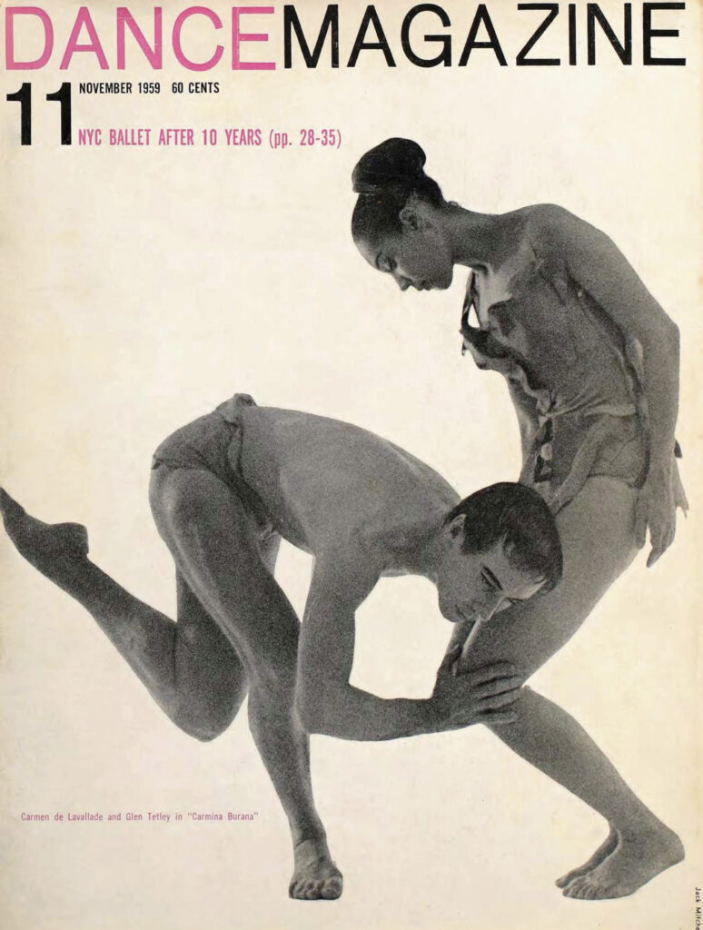 Carmen De Lavallade and Glen Tetley on the cover of Dance Magazine. He bends over on one leg and rests his head against her slightly bent knees. 