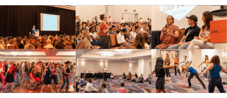 A collage of photos from the 2025 IADMS Conference. Audience members sit and watch speakers and dance together in conference rooms.