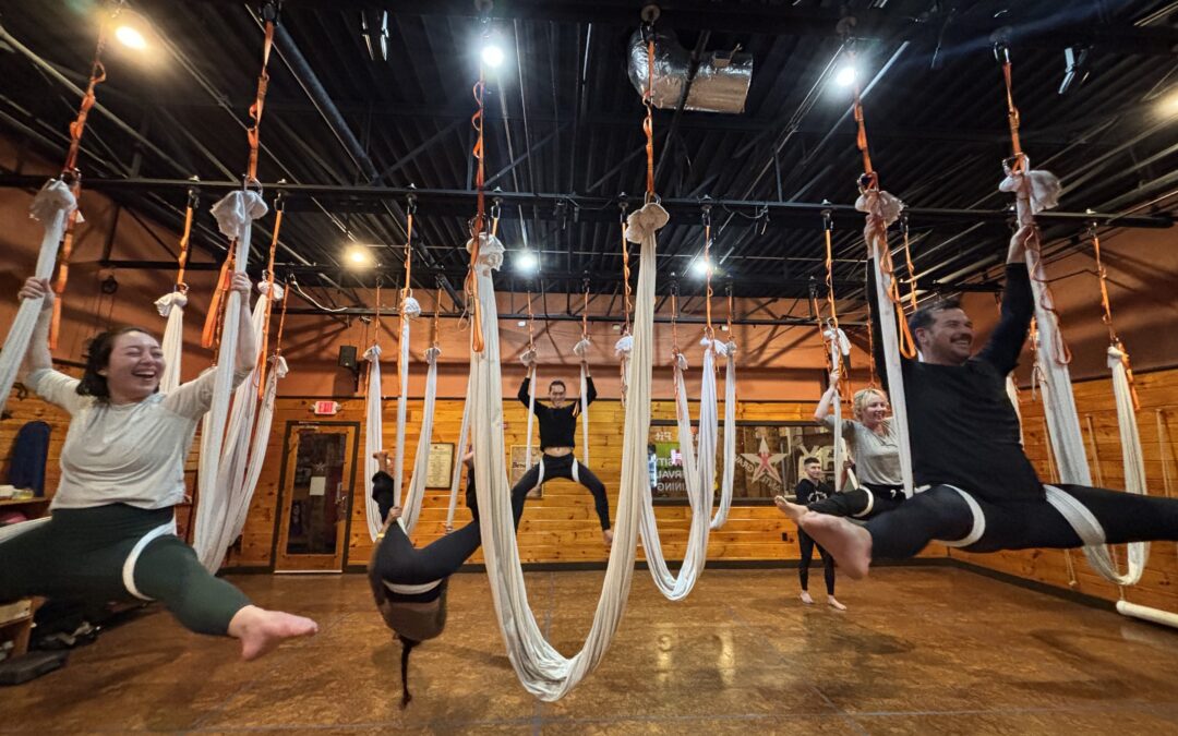 A half-dozen laughing dancers work with aerial silks.