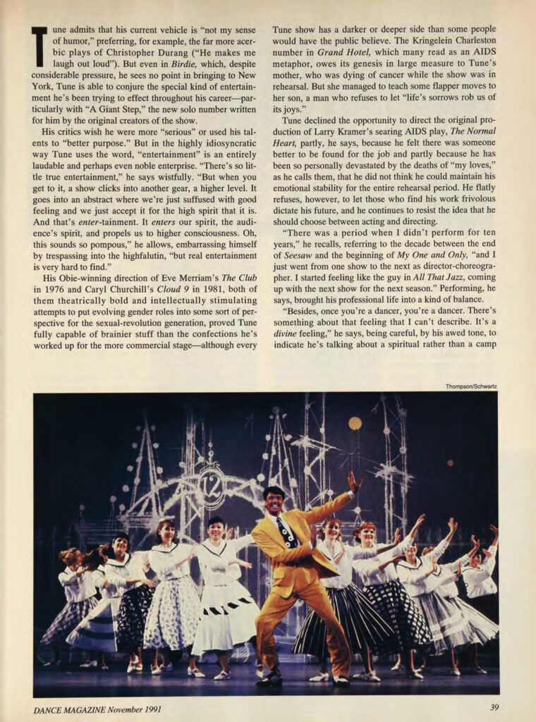A Dance Magazine article from 1991 with Tommy Tune from Bye Bye Birdie. 