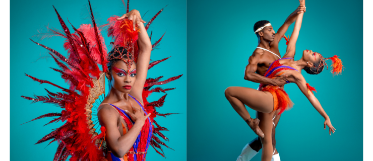 On left, Alexandra Hutchinson wearing an ornate red, purple, and orange leotard with attached feather wings and jeweled headdress. On right, Hutchinson poses in a parallel passé while supported by Derek Brockington.