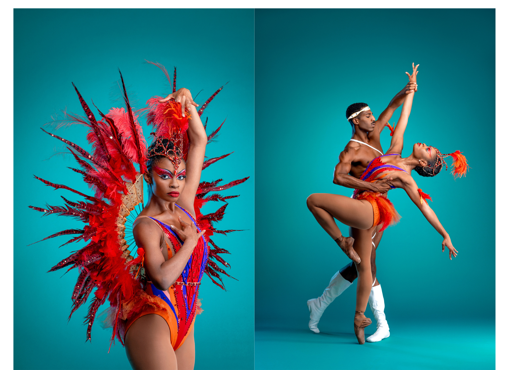 On left, Alexandra Hutchinson wearing an ornate red, purple, and orange leotard with attached feather wings and jeweled headdress. On right, Hutchinson poses in a parallel passé while supported by Derek Brockington.