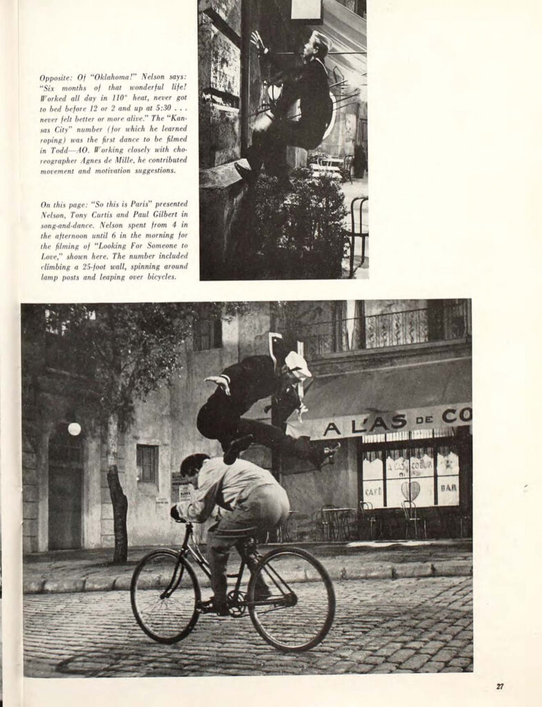 A page from the May 1956 issue of Dance Magazine shows two images of Gene Nelson dancing on a street in Paris. In one, he climbs up the side of a building; in the other, he is captured mid-air, legs splitting as he flies over the head of a man on a bicycle.