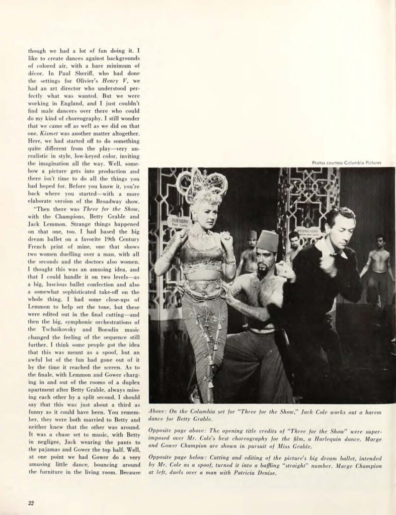A page from the May 1956 issue of Dance Magazine shows a black and white image of Jack Cole demonstrating moves for a male and female dancer on a film set. A column of text runs down the left side of the page.