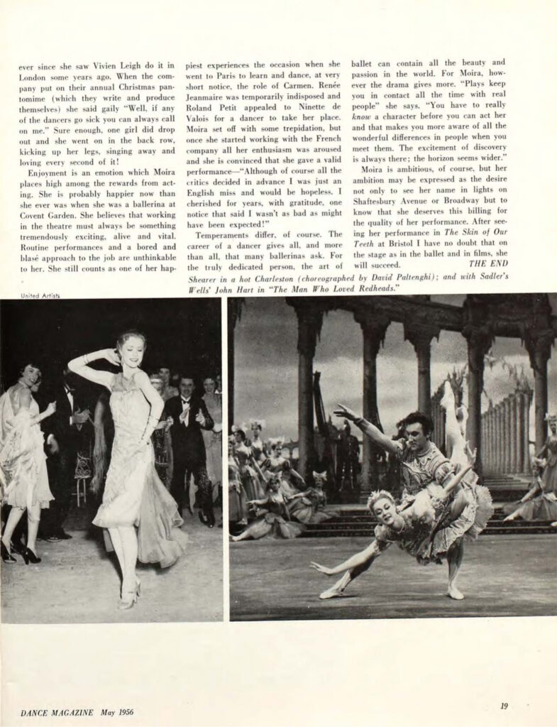 A page from the May 1956 issue of Dance Magazine features two black and white images of Moira Shearer beneath three columns of text. On the left, she is dressed for a party, one hand behind her head and the other at her hip as she dances a Charleston while a small crowd looks on. On the right, she is onstage in a classical tutu and pointe shoes, held in a fish dive by a partner during a pas de deux.