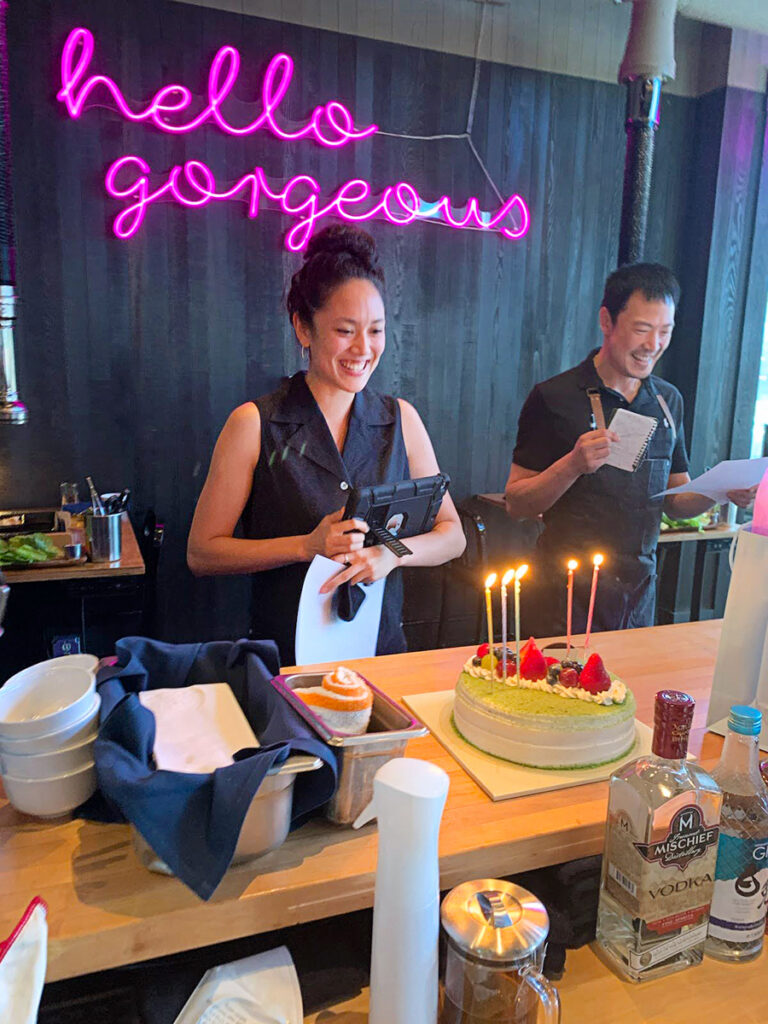 Leah Terada working at a cafe.